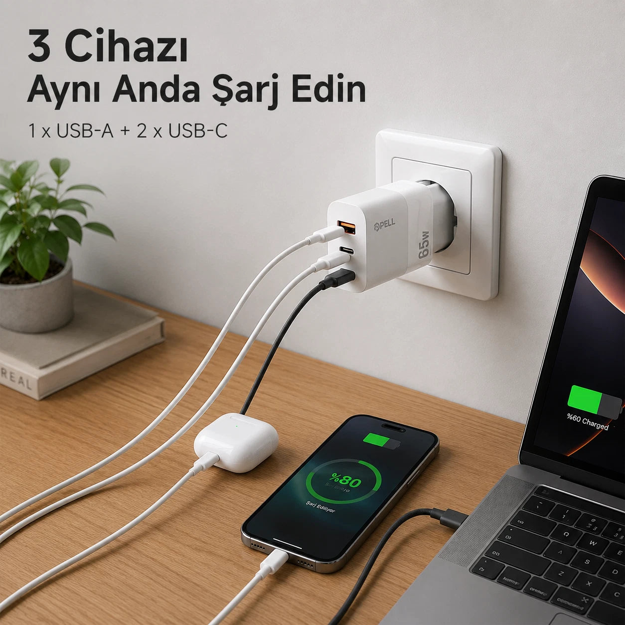 E14 65W PD 3 Portlu Ultra Hızlı Turbo Şarj Cihazı, Type-C ve USB Seyahat Adaptörü