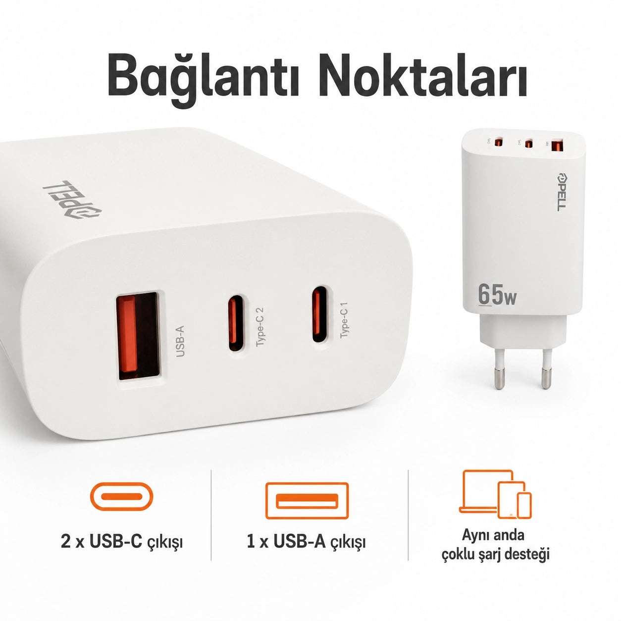 E14 65W PD 3 Portlu Ultra Hızlı Turbo Şarj Cihazı, Type-C ve USB Seyahat Adaptörü