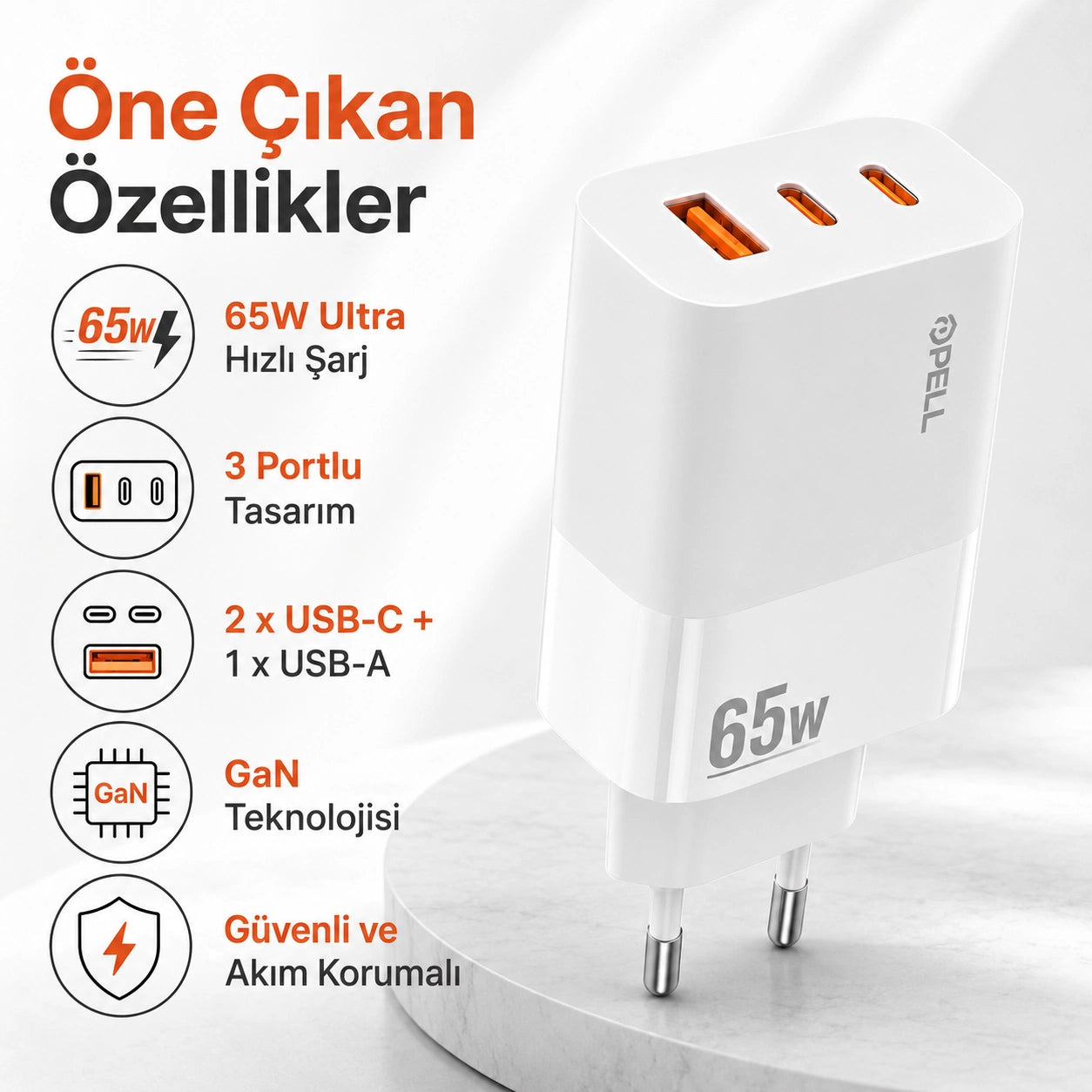E14 65W PD 3 Portlu Ultra Hızlı Turbo Şarj Cihazı, Type-C ve USB Seyahat Adaptörü