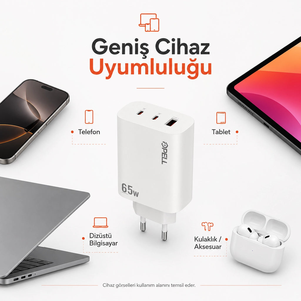 E14 65W PD 3 Portlu Ultra Hızlı Turbo Şarj Cihazı, Type-C ve USB Seyahat Adaptörü