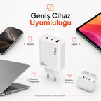 E14 65W PD 3 Portlu Ultra Hızlı Turbo Şarj Cihazı, Type-C ve USB Seyahat Adaptörü