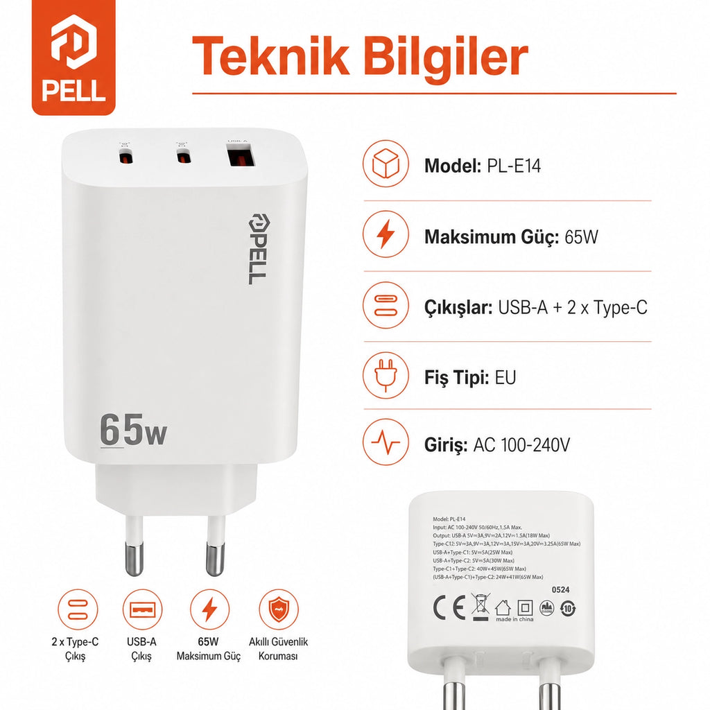 E14 65W PD 3 Portlu Ultra Hızlı Turbo Şarj Cihazı, Type-C ve USB Seyahat Adaptörü