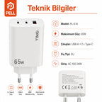 E14 65W PD 3 Portlu Ultra Hızlı Turbo Şarj Cihazı, Type-C ve USB Seyahat Adaptörü