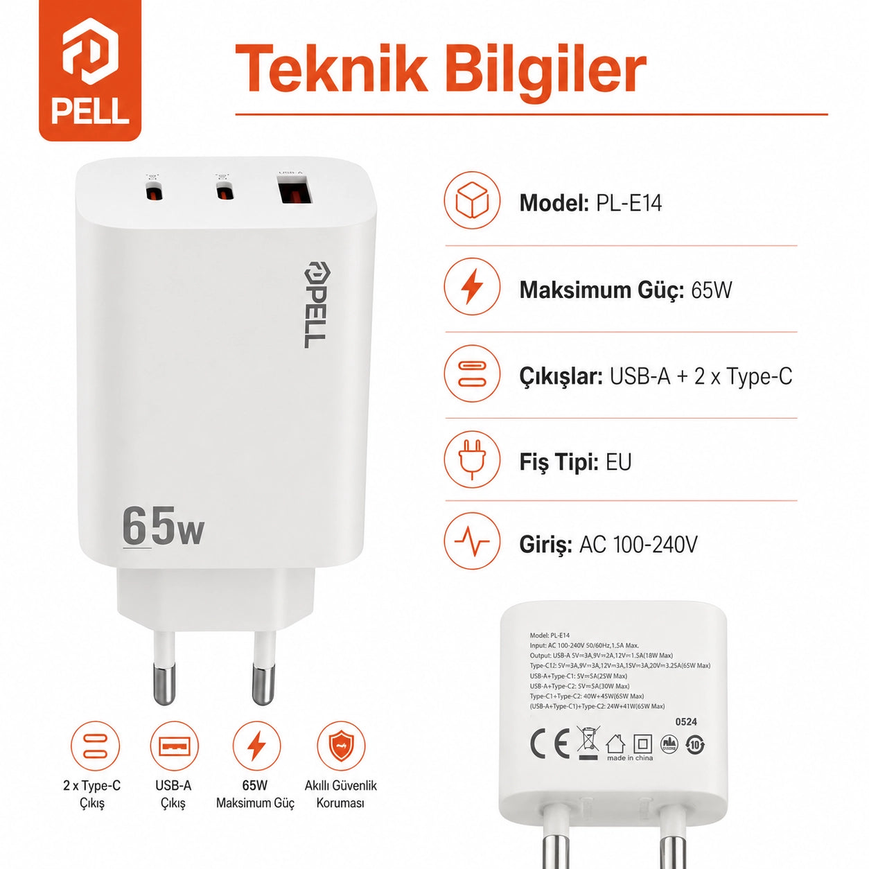 E14 65W PD 3 Portlu Ultra Hızlı Turbo Şarj Cihazı, Type-C ve USB Seyahat Adaptörü