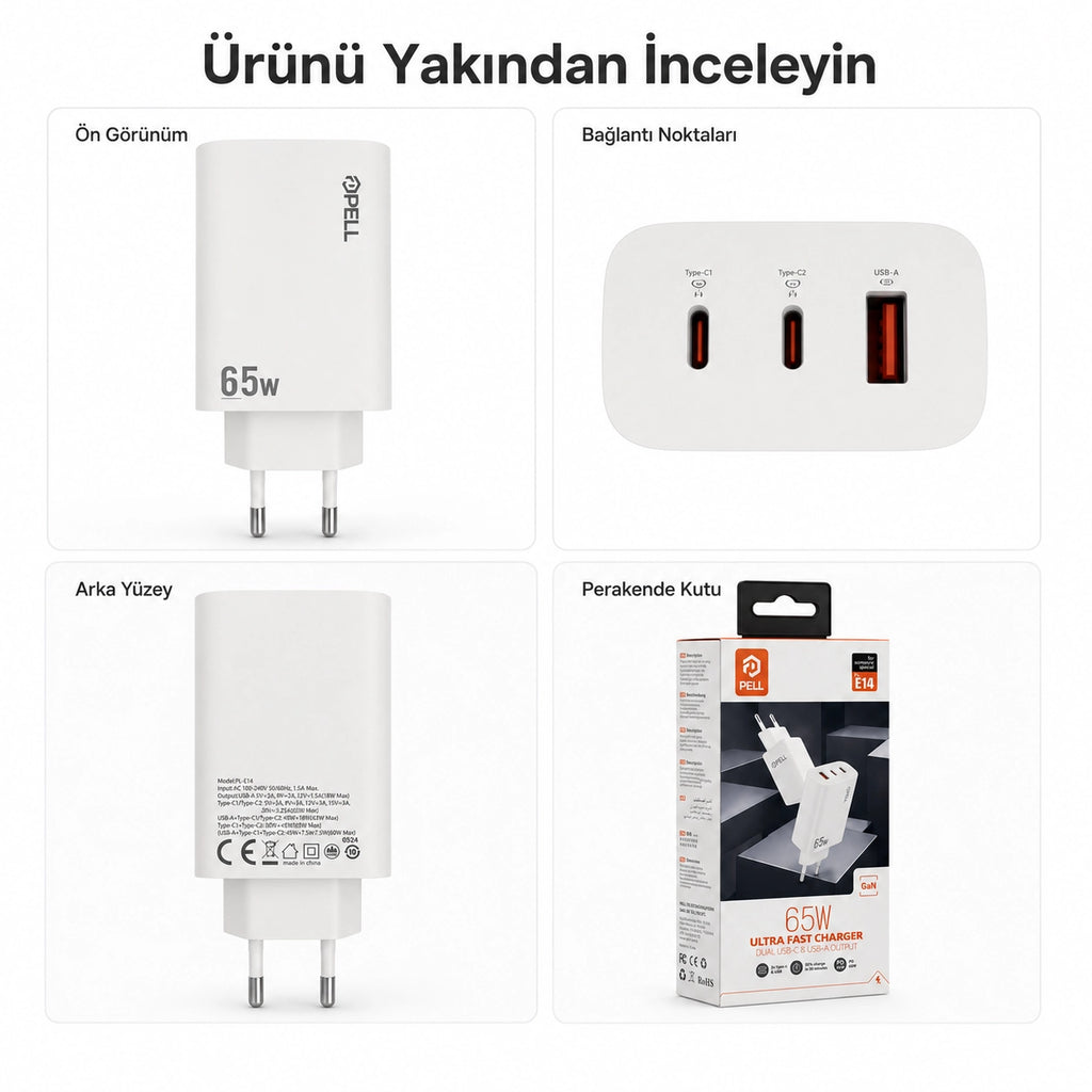E14 65W PD 3 Portlu Ultra Hızlı Turbo Şarj Cihazı, Type-C ve USB Seyahat Adaptörü