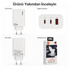 E14 65W PD 3 Portlu Ultra Hızlı Turbo Şarj Cihazı, Type-C ve USB Seyahat Adaptörü