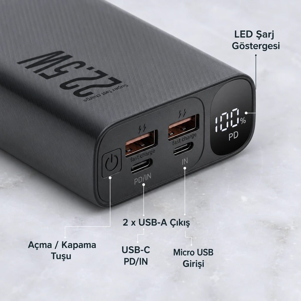 F07 20.000 mAh Powerbank 22.5W, PD 20W Turbo Hızlı Taşınabilir Şarj Cihazı