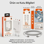 PELL E14 65W Çoklu Çıkışlı Hızlı Şarj Aleti Set 1 60W PD Type-C Kablolu, PD 3 Portlu  Ultra Hızlı Turbo Şarj Cihazı Type-C ve Type-A USB Seyahat Şarj Adaptörü