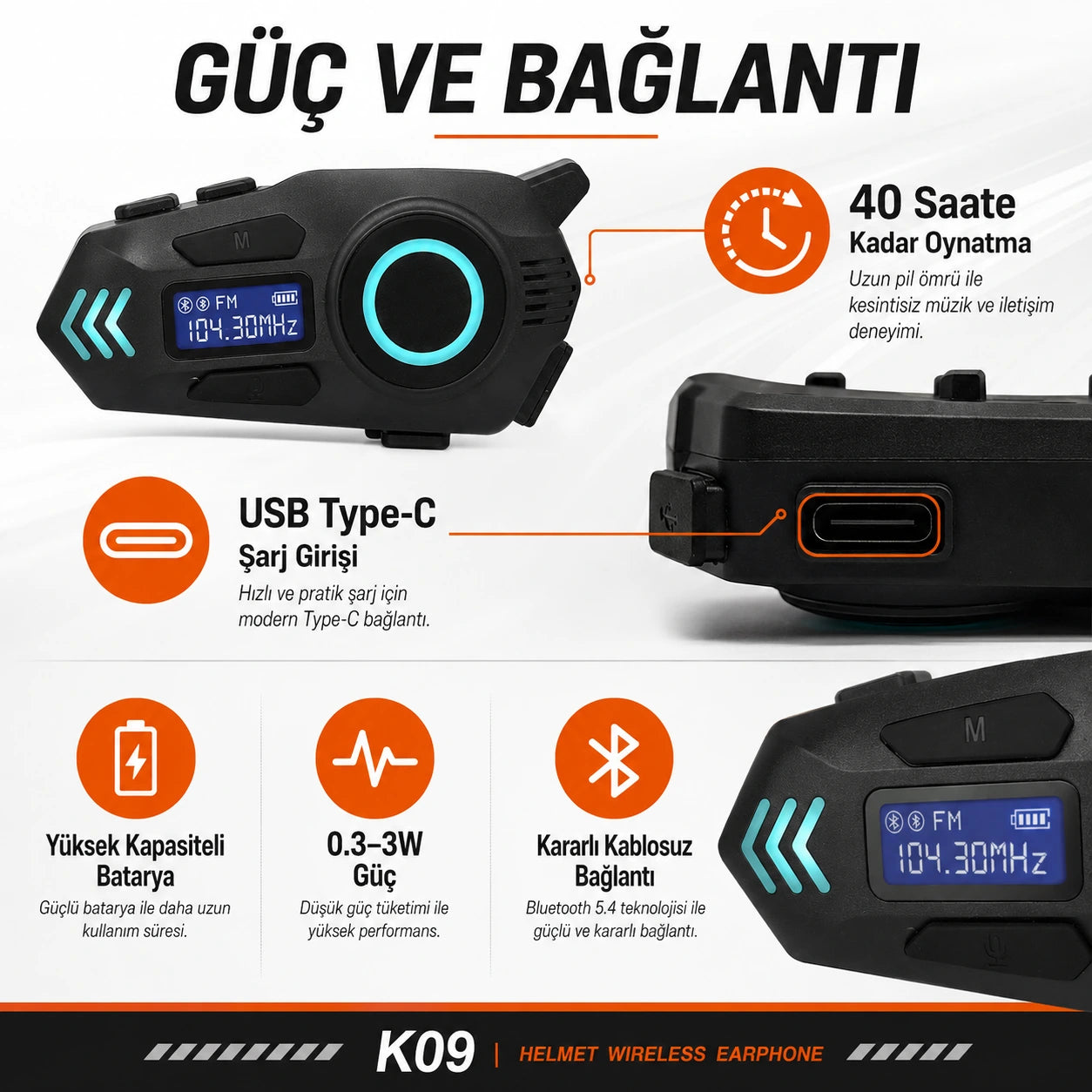 K09 Çift Yönlü Intercom Motosiklet Kask Kulaklığı, Bluetooth Gürültü Azaltıcı Kask İçi Ses Sistemi