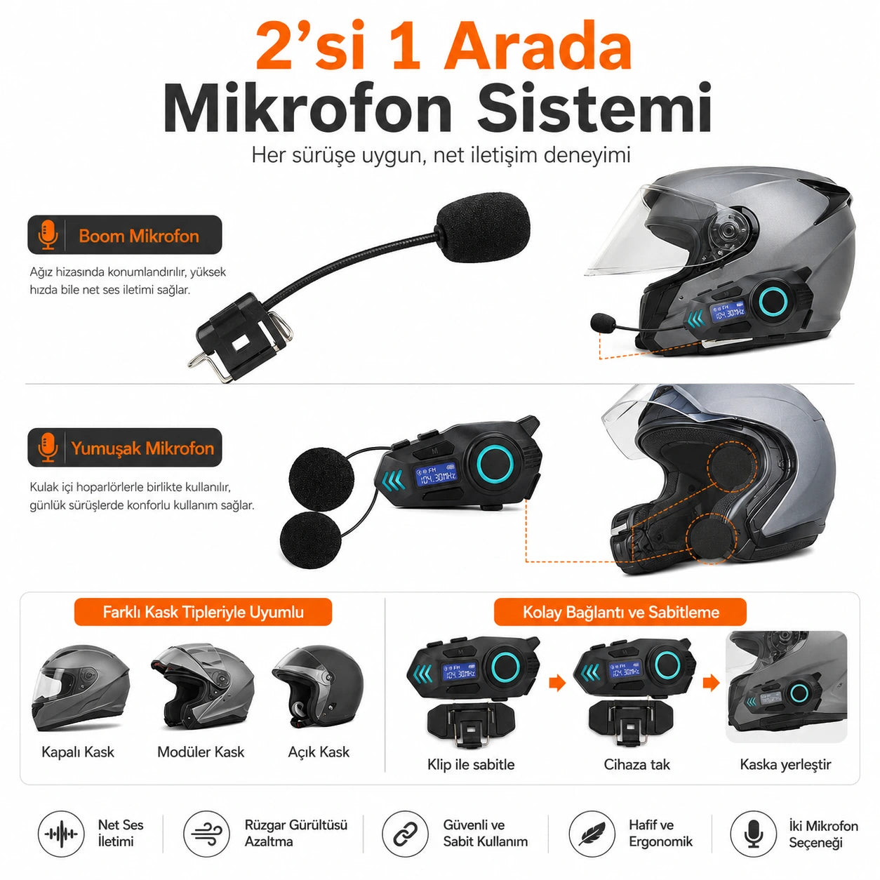 K09 Çift Yönlü Intercom Motosiklet Kask Kulaklığı, Bluetooth Gürültü Azaltıcı Kask İçi Ses Sistemi