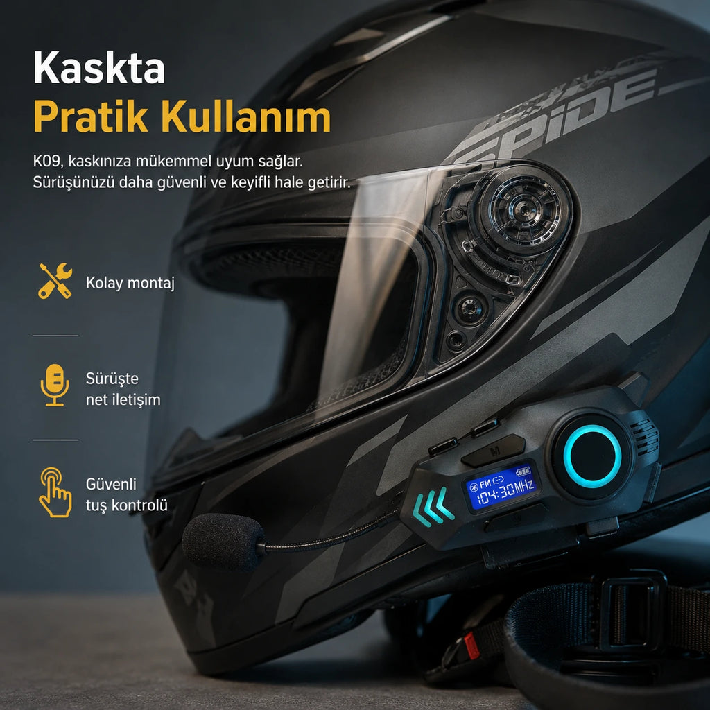 K09 Çift Yönlü Intercom Motosiklet Kask Kulaklığı, Bluetooth Gürültü Azaltıcı Kask İçi Ses Sistemi
