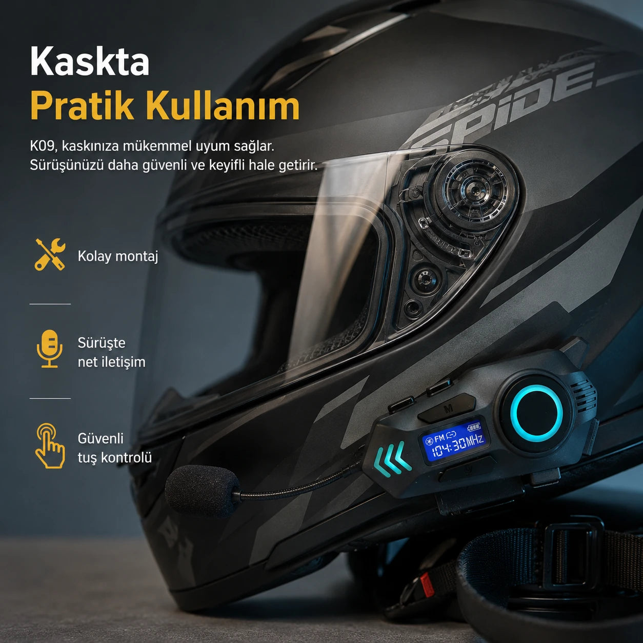 K09 Çift Yönlü Intercom Motosiklet Kask Kulaklığı, Bluetooth Gürültü Azaltıcı Kask İçi Ses Sistemi