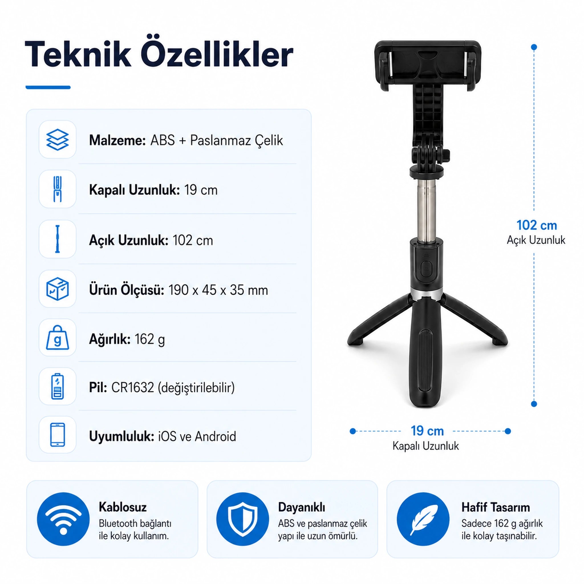 PELL L02 Bluetooth Kumandalı Tripod Selfie Çubuğu 100cm, 4 In 1 Kablosuz Monopod