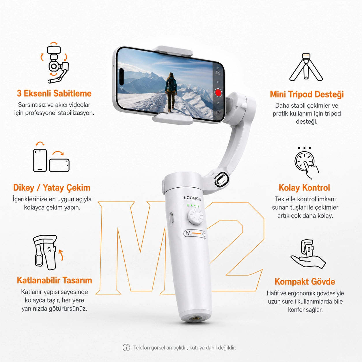 M2 Telefon Gimbal Stabilizatör 3-Eksenli, Katlanabilir Cep Telefonu Gimbalı