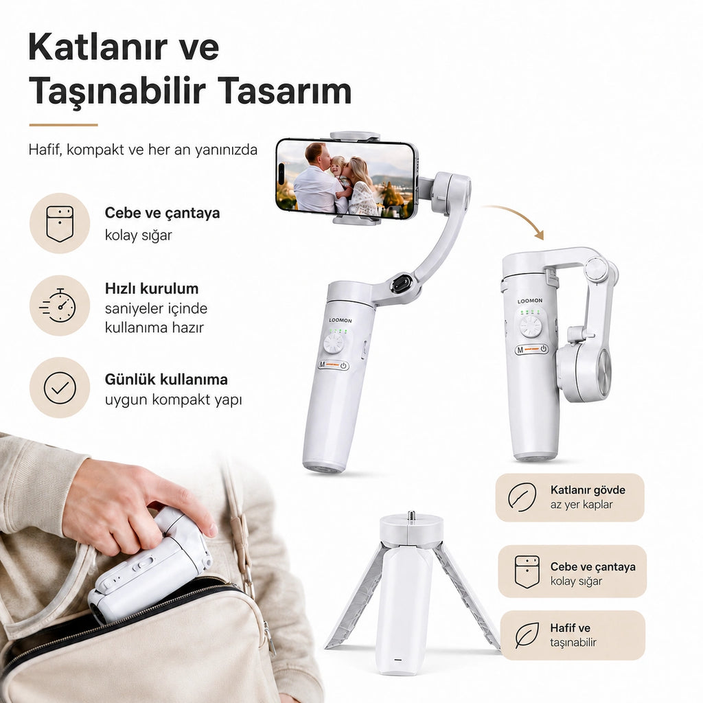 M2 Telefon Gimbal Stabilizatör 3-Eksenli, Katlanabilir Cep Telefonu Gimbalı