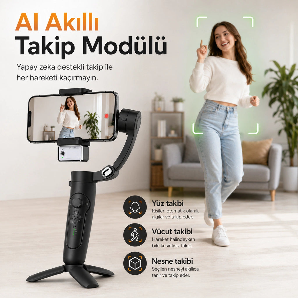 M3 Alpro Telefon Gimbal Stabilizatör 3-Eksenli, AI Akıllı Takip Özellikli Sabitleyici