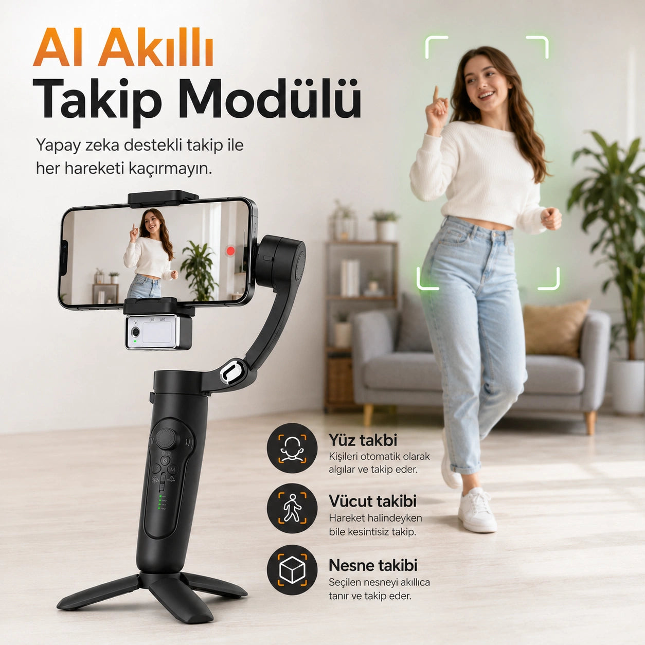 M3 Alpro Telefon Gimbal Stabilizatör 3-Eksenli, AI Akıllı Takip Özellikli Sabitleyici