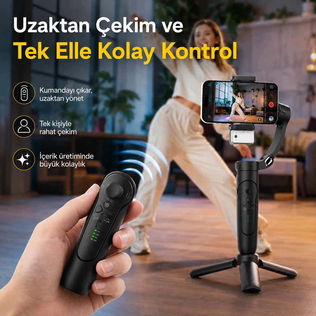 M3 Alpro Telefon Gimbal Stabilizatör 3-Eksenli, AI Akıllı Takip Özellikli Sabitleyici
