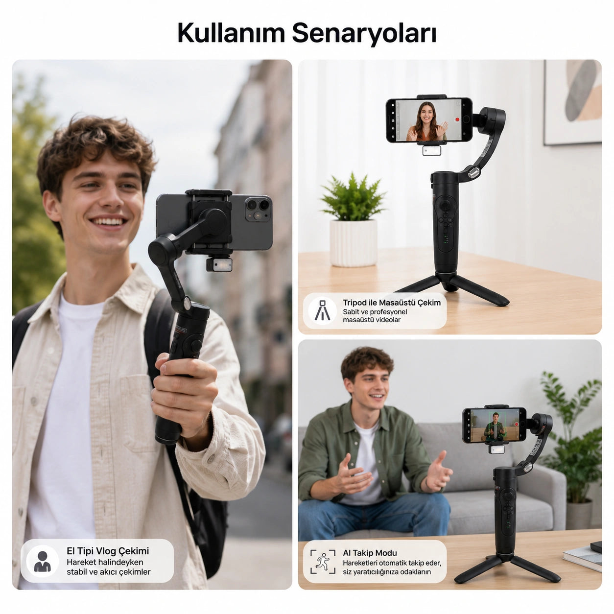 M3 Alpro Telefon Gimbal Stabilizatör 3-Eksenli, AI Akıllı Takip Özellikli Sabitleyici