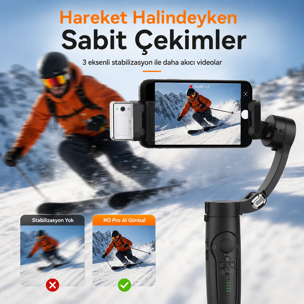 M3 Alpro Telefon Gimbal Stabilizatör 3-Eksenli, AI Akıllı Takip Özellikli Sabitleyici
