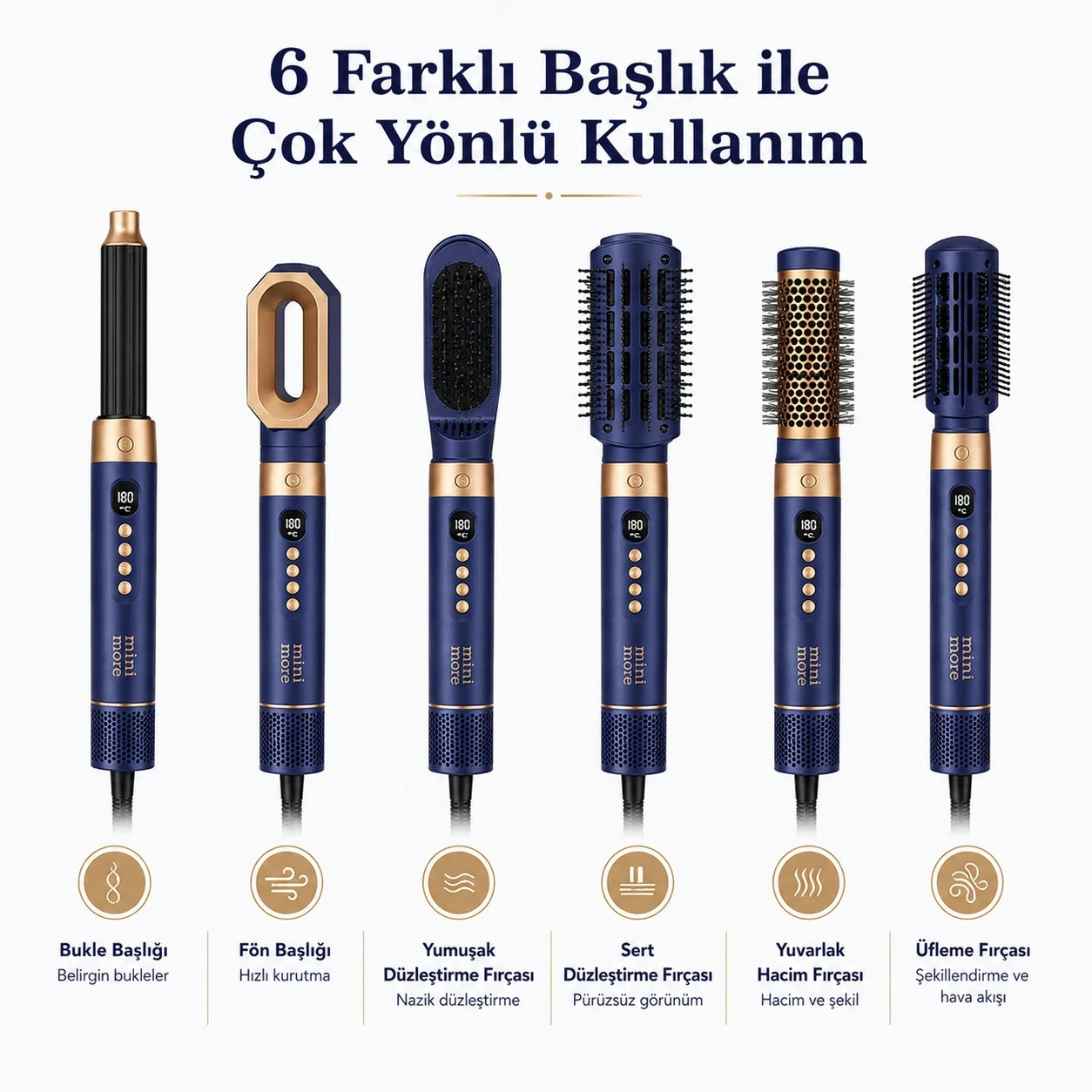 Mini More 6 In 1 Airstyler Hava Üflemeli Saç Şekillendirici Seti Coanda Etkili Saç Düzleştirici ve Maşa