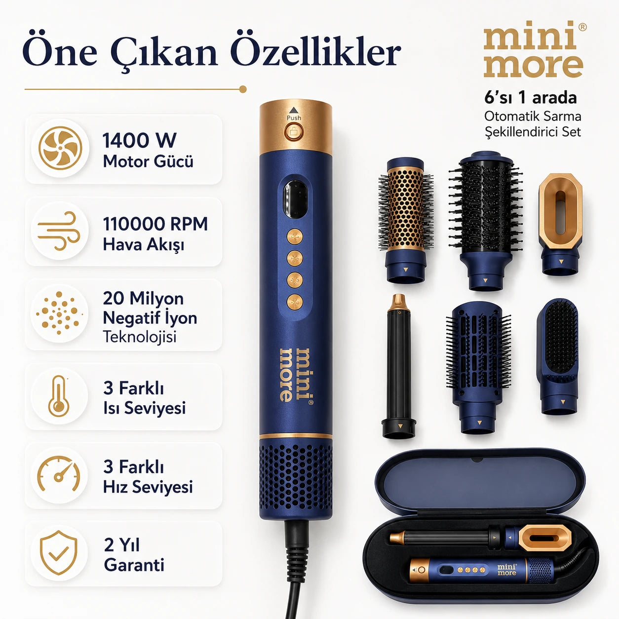Mini More 6 In 1 Airstyler Hava Üflemeli Saç Şekillendirici Seti Coanda Etkili Saç Düzleştirici ve Maşa
