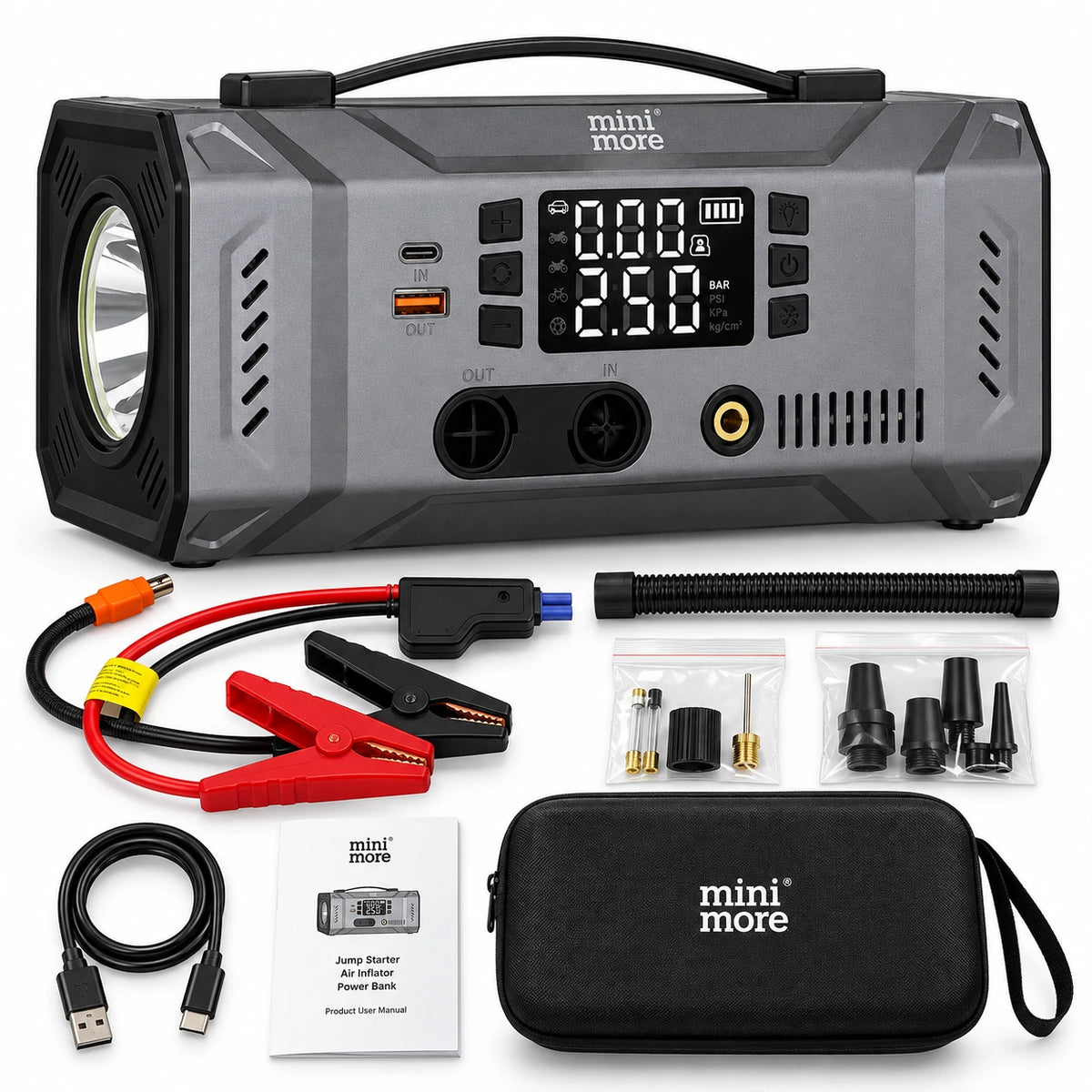 Mini More 2000A Akü Takviye Cihazı 12V, Hava Kompresörlü Vakum Üfleyicili 45W PD Çift LED Işıklı Powerbank Jump Starter
