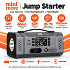 Mini More 2000A Akü Takviye Cihazı 12V, Hava Kompresörlü Vakum Üfleyicili 45W PD Çift LED Işıklı Powerbank Jump Starter