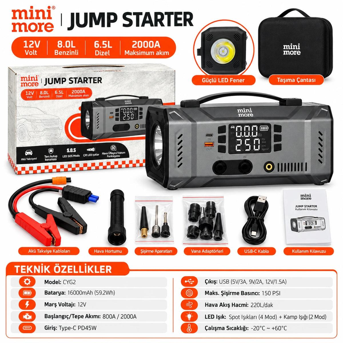 Mini More 2000A Akü Takviye Cihazı 12V, Hava Kompresörlü Vakum Üfleyicili 45W PD Çift LED Işıklı Powerbank Jump Starter