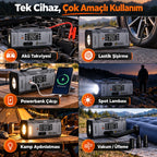 Mini More 2000A Akü Takviye Cihazı 12V, Hava Kompresörlü Vakum Üfleyicili 45W PD Çift LED Işıklı Powerbank Jump Starter