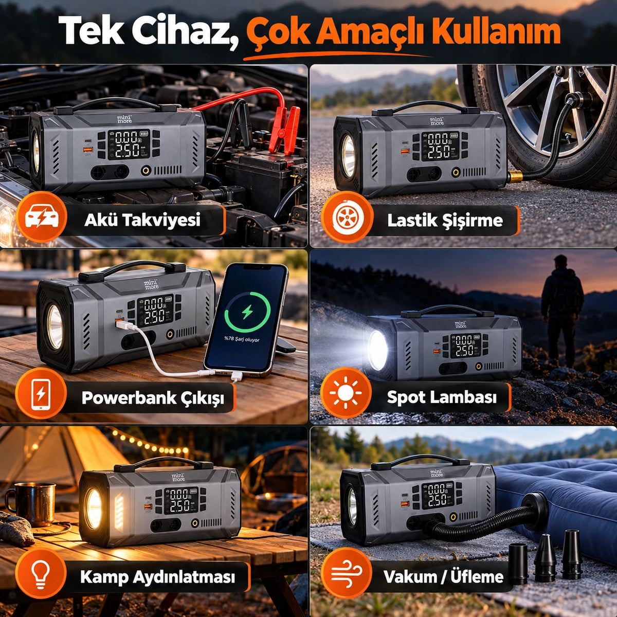 Mini More 2000A Akü Takviye Cihazı 12V, Hava Kompresörlü Vakum Üfleyicili 45W PD Çift LED Işıklı Powerbank Jump Starter