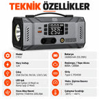 Mini More 2000A Akü Takviye Cihazı 12V, Hava Kompresörlü Vakum Üfleyicili 45W PD Çift LED Işıklı Powerbank Jump Starter
