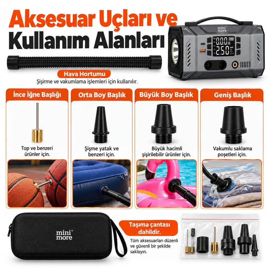 Mini More 2000A Akü Takviye Cihazı 12V, Hava Kompresörlü Vakum Üfleyicili 45W PD Çift LED Işıklı Powerbank Jump Starter