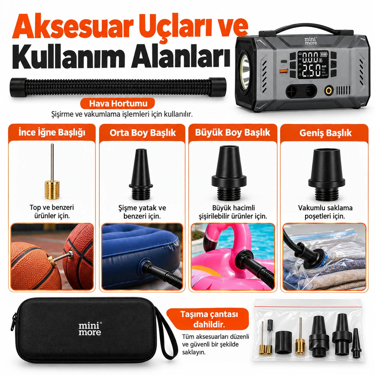 Mini More 2000A Akü Takviye Cihazı 12V, Hava Kompresörlü Vakum Üfleyicili 45W PD Çift LED Işıklı Powerbank Jump Starter