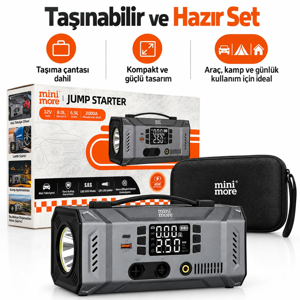 Mini More 2000A Akü Takviye Cihazı 12V, Hava Kompresörlü Vakum Üfleyicili 45W PD Çift LED Işıklı Powerbank Jump Starter