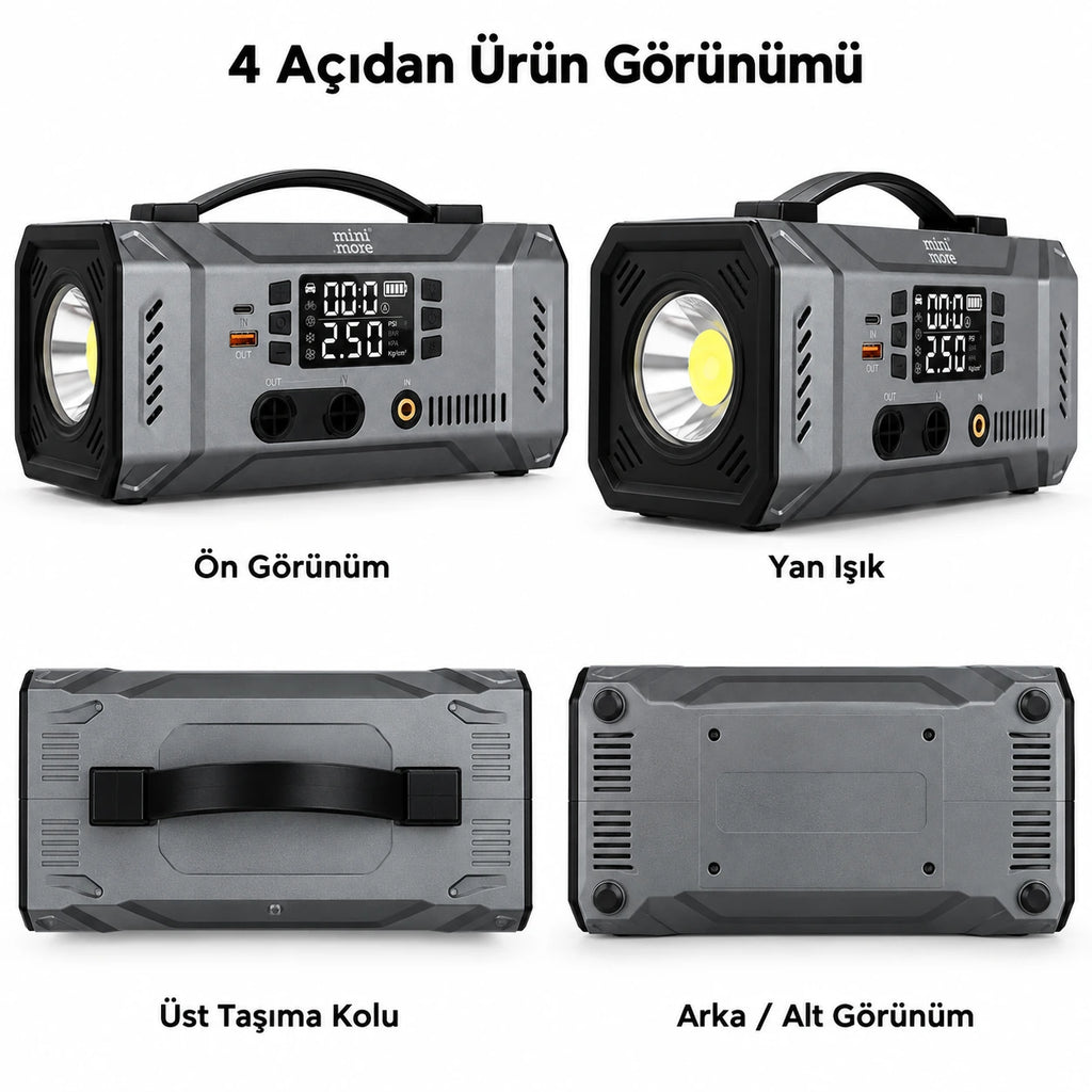 Mini More 2000A Akü Takviye Cihazı 12V, Hava Kompresörlü Vakum Üfleyicili 45W PD Çift LED Işıklı Powerbank Jump Starter