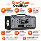 Mini More 2000A Akü Takviye Cihazı 12V, Hava Kompresörlü Vakum Üfleyicili 45W PD Çift LED Işıklı Powerbank Jump Starter