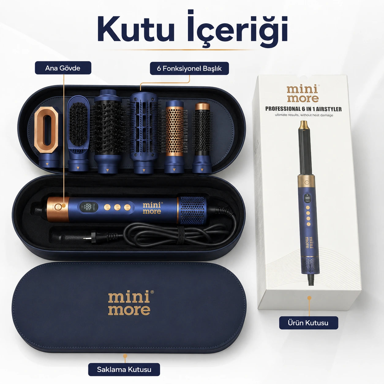 Mini More 6 In 1 Airstyler Hava Üflemeli Saç Şekillendirici Seti Coanda Etkili Saç Düzleştirici ve Maşa