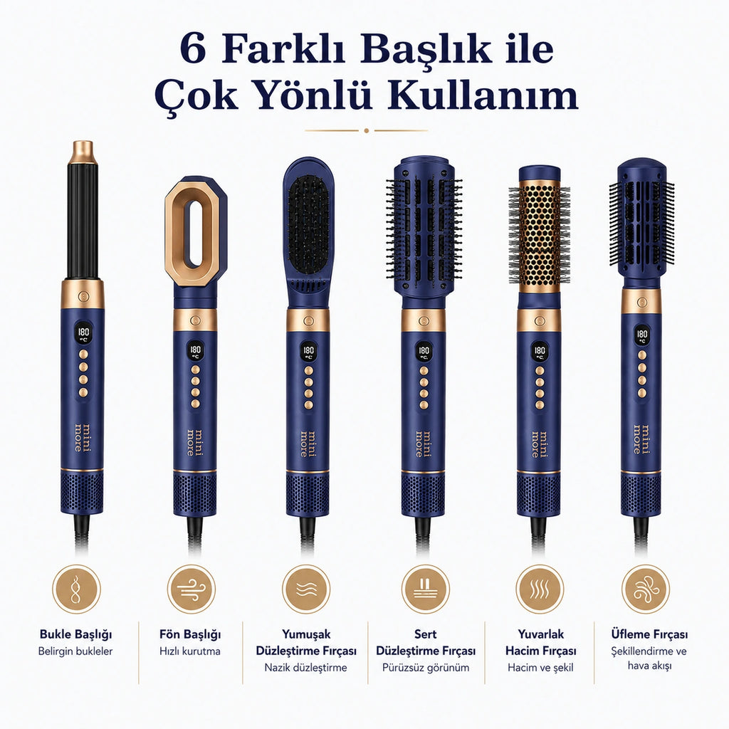 Mini More 6 In 1 Airstyler Hava Üflemeli Saç Şekillendirici Seti Coanda Etkili Saç Düzleştirici ve Maşa