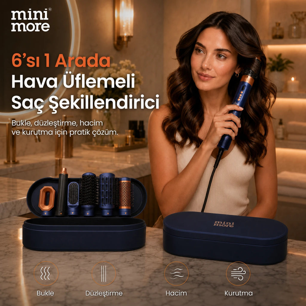 Mini More 6 In 1 Airstyler Hava Üflemeli Saç Şekillendirici Seti Coanda Etkili Saç Düzleştirici ve Maşa