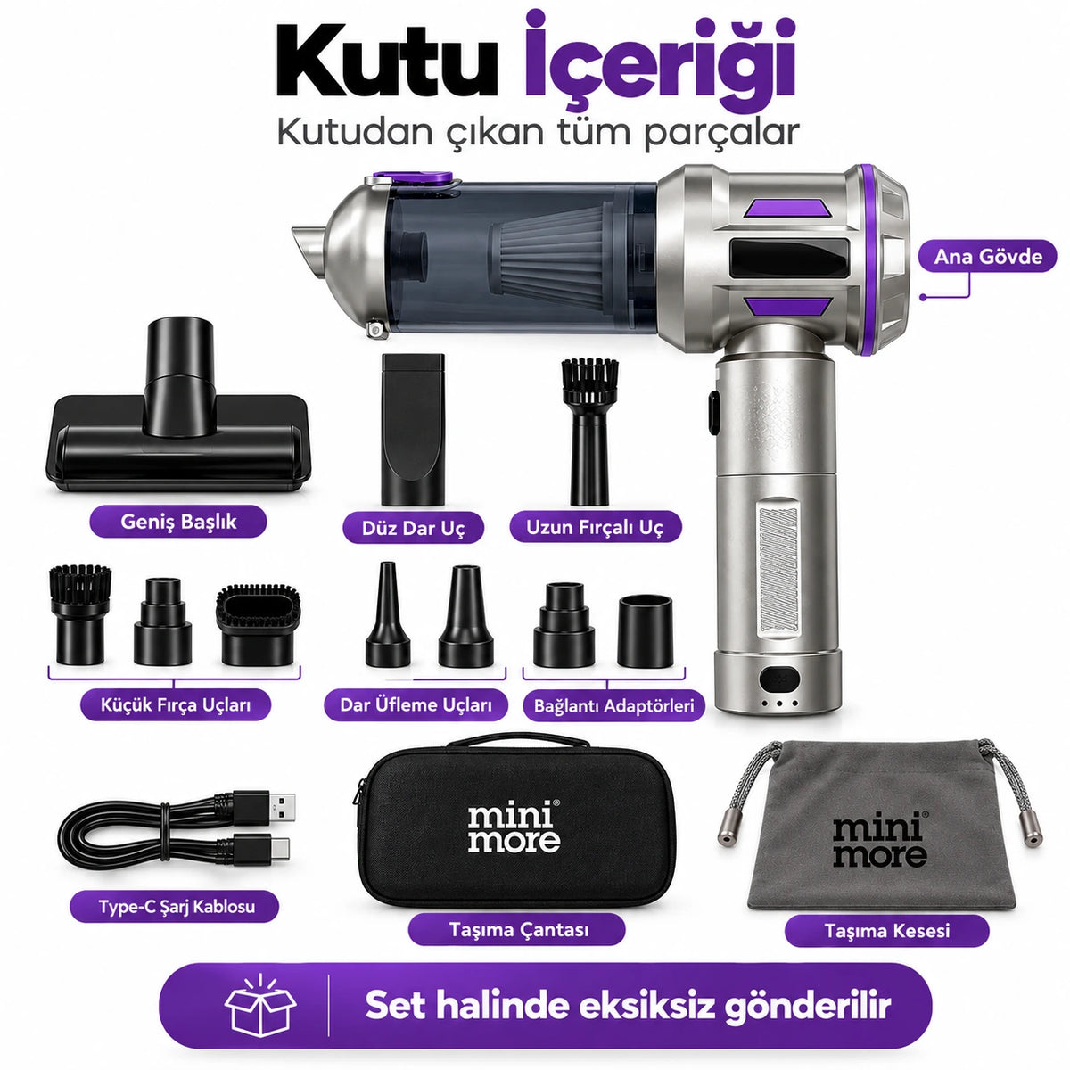 Mini More HL-5138 Kablosuz Mini Araç Süpürgesi 22000 Pa, 135W Fırçasız Motor 7500 mAh Şarjlı El Süpürgesi (Çantalı Set)