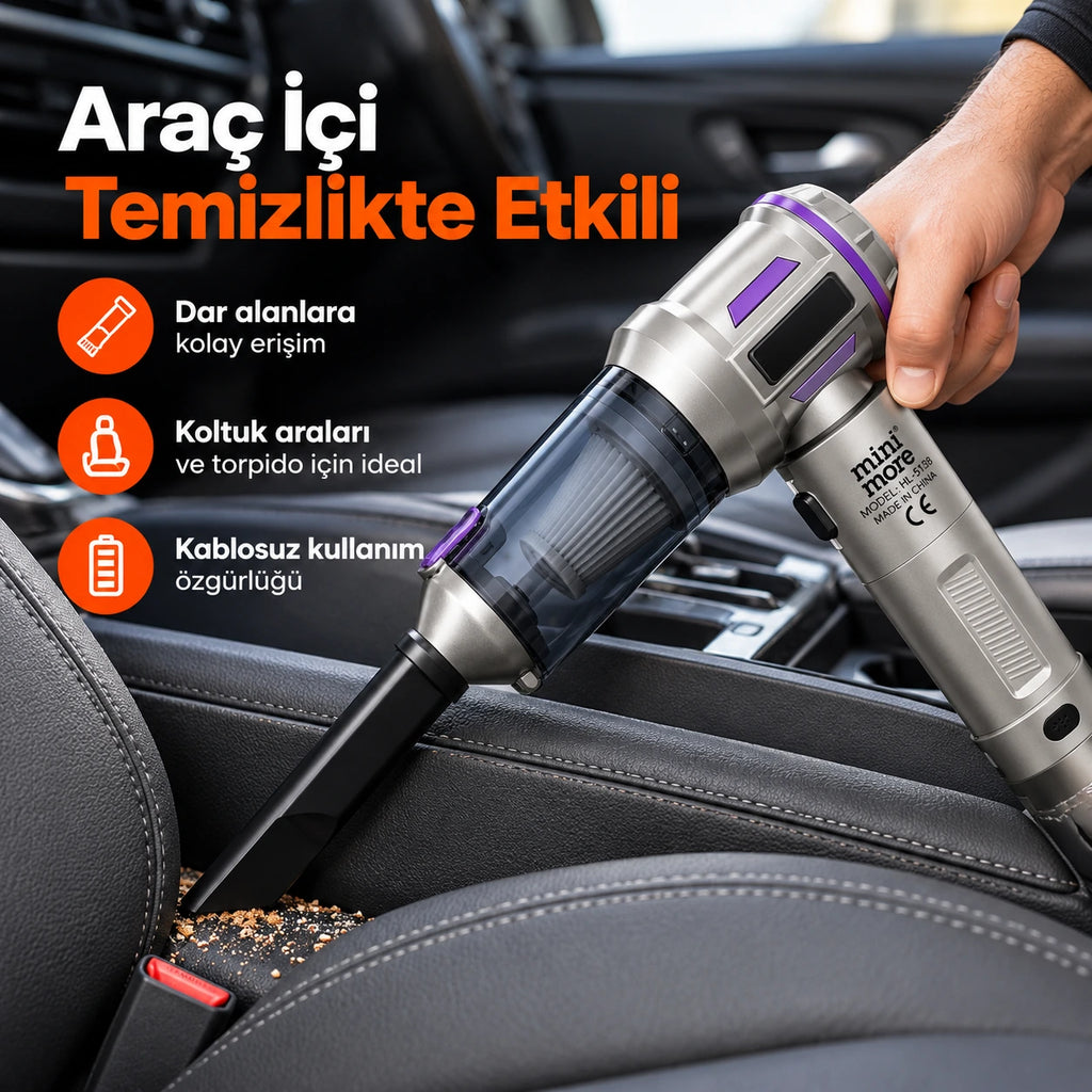 Mini More HL-5138 Kablosuz Mini Araç Süpürgesi 22000 Pa, 135W Fırçasız Motor 7500 mAh Şarjlı El Süpürgesi (Çantalı Set)