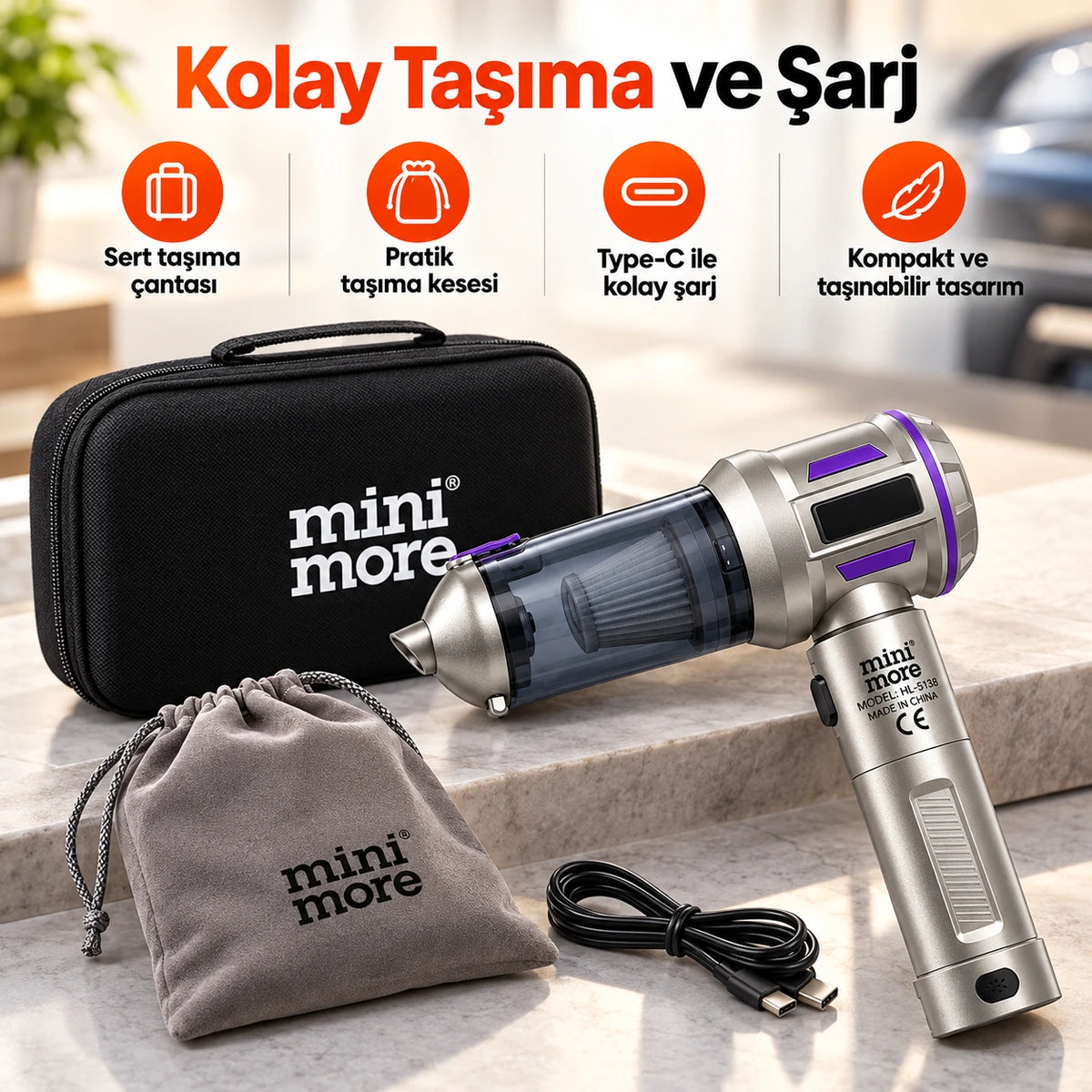Mini More HL-5138 Kablosuz Mini Araç Süpürgesi 22000 Pa, 135W Fırçasız Motor 7500 mAh Şarjlı El Süpürgesi (Çantalı Set)