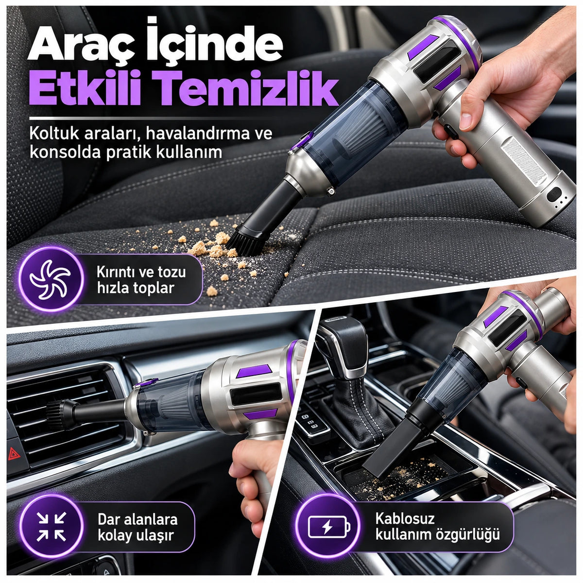 Mini More HL-5138 Kablosuz Mini Araç Süpürgesi 22000 Pa, 135W Fırçasız Motor 7500 mAh Şarjlı El Süpürgesi (Çantalı Set)