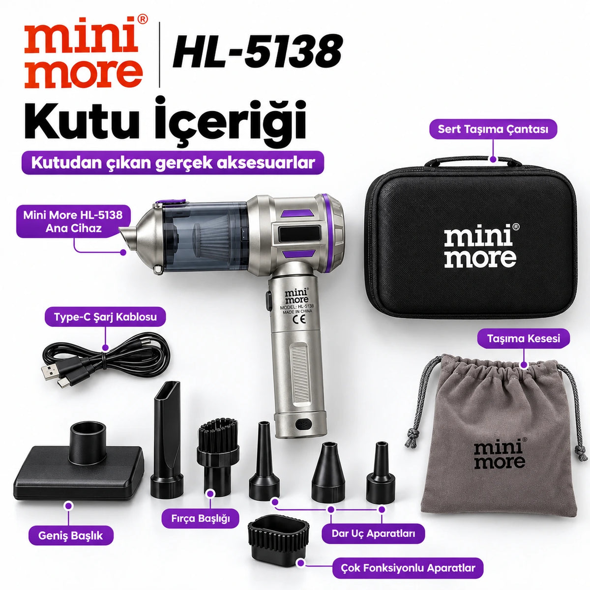 Mini More HL-5138 Kablosuz Mini Araç Süpürgesi 22000 Pa, 135W Fırçasız Motor 7500 mAh Şarjlı El Süpürgesi (Çantalı Set)