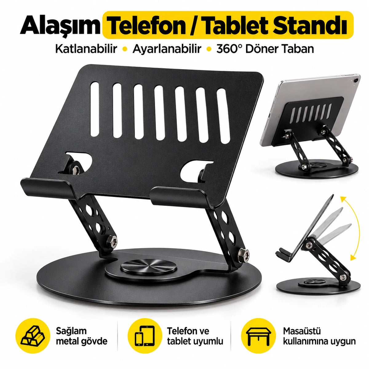 Masaüstü Telefon ve Tablet Standı Alüminyum Alaşım, 360 Degree Dönebilen Katlanabilir Metal Stand NO.S961