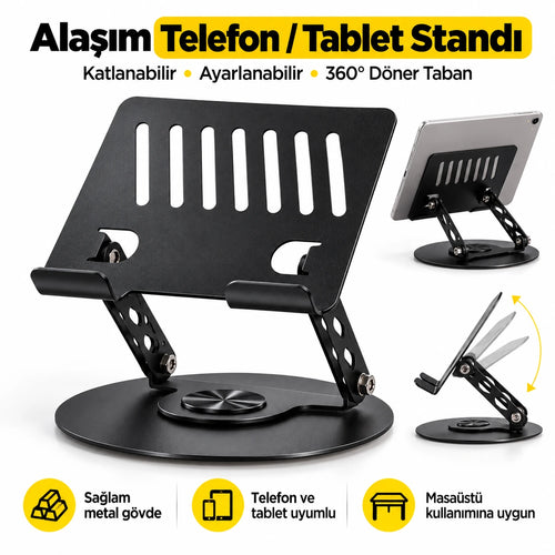 Masaüstü Telefon ve Tablet Standı Alüminyum Alaşım, 360 Degree Dönebilen Katlanabilir Metal Stand NO.S961
