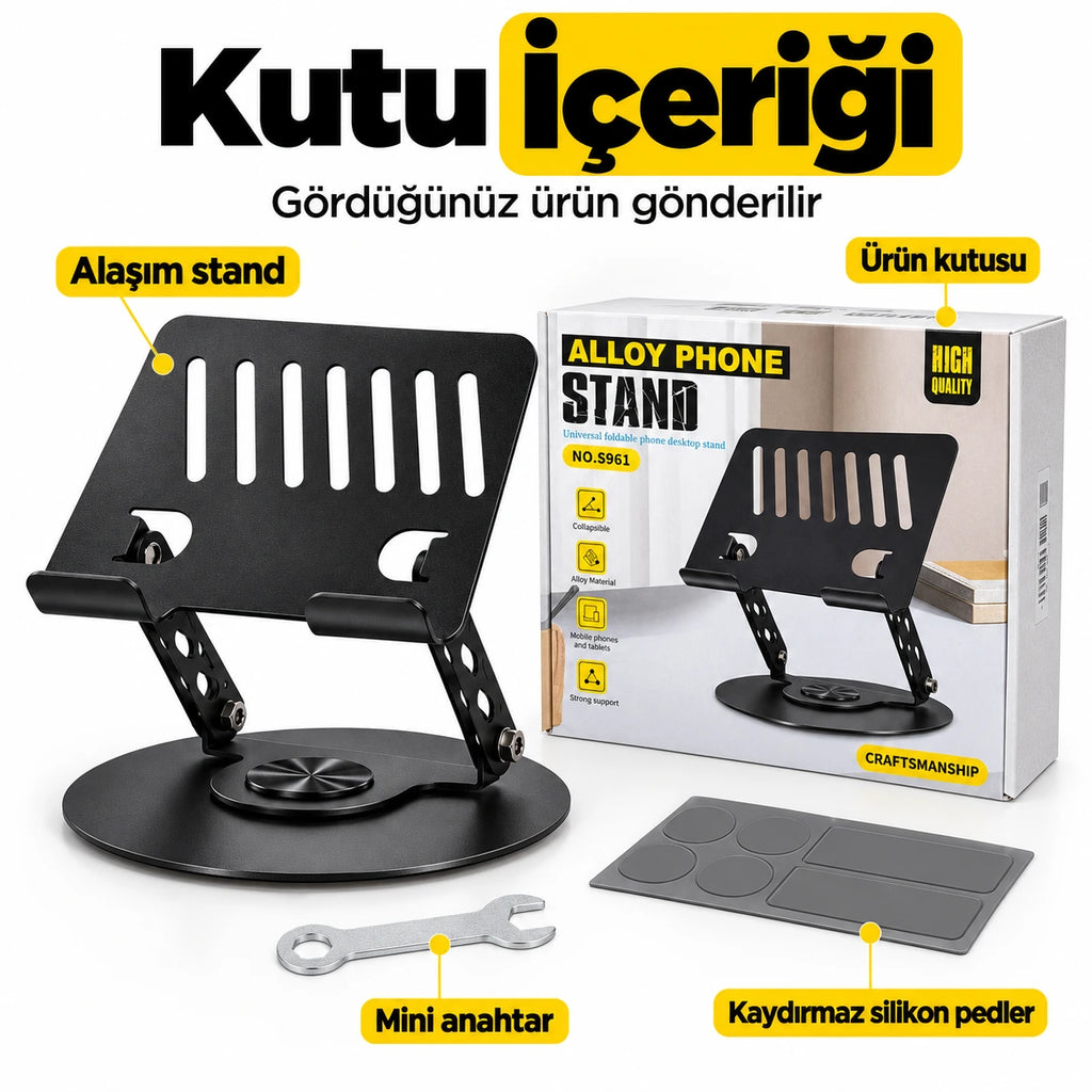Masaüstü Telefon ve Tablet Standı Alüminyum Alaşım, 360 Degree Dönebilen Katlanabilir Metal Stand NO.S961