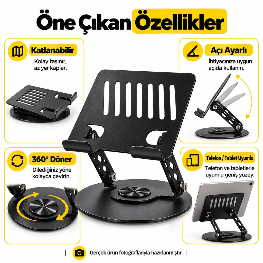 Masaüstü Telefon ve Tablet Standı Alüminyum Alaşım, 360 Degree Dönebilen Katlanabilir Metal Stand NO.S961