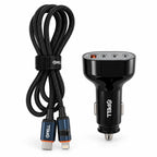 PELL 78W Dijital Göstergeli Araç İçi Şarj Seti, 4 Portlu Araç Şarj Adaptörü + PD 27W Dijital Ekranlı Lightning Örgü Kablo